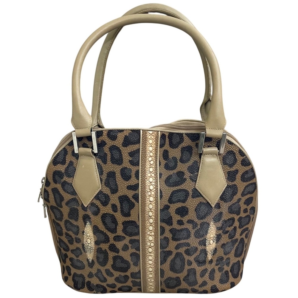 Yashiya Genuine Stingray Leather Leopard Print Dome purse Handbag Tan Brown